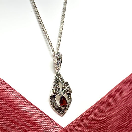 Real garnet pendant necklace with marcasite sterling silver pear cut
