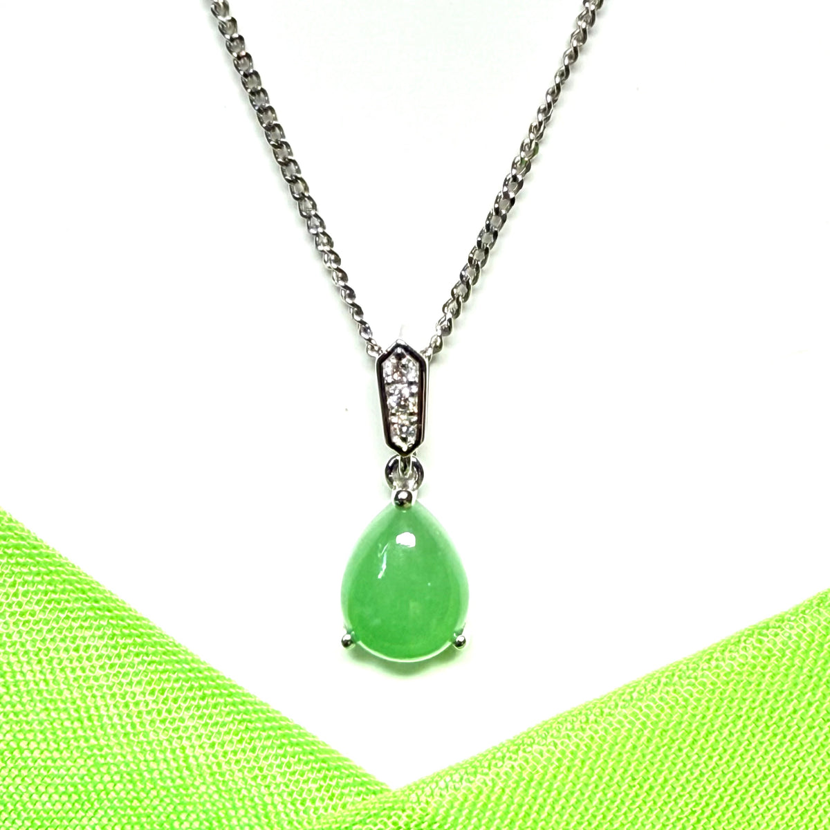 Real green pear teardrop jade and diamond white gold necklace