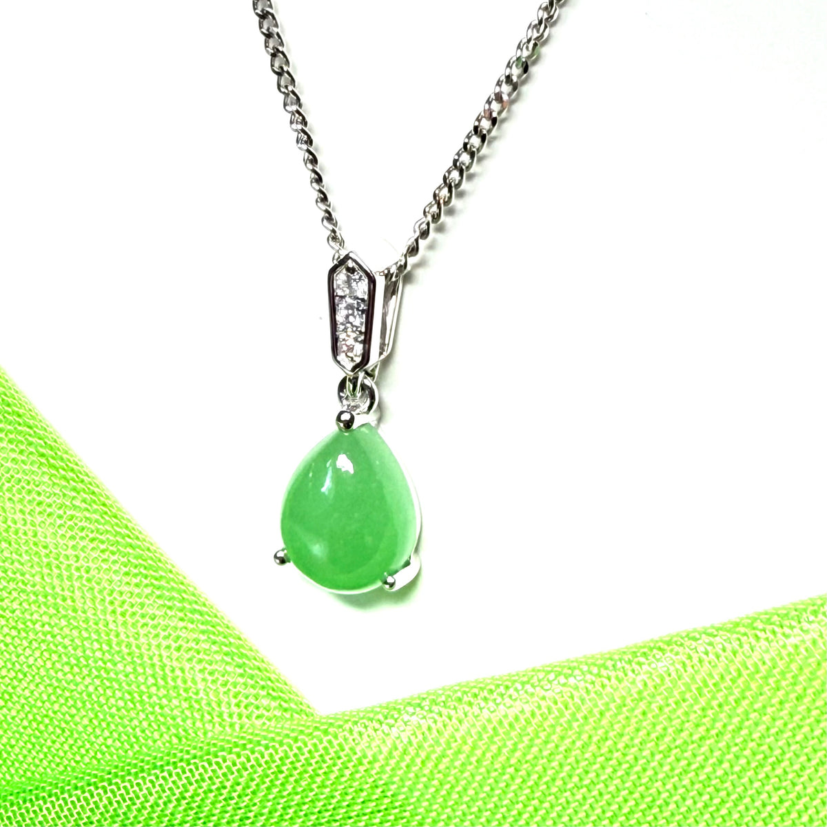 Real green pear teardrop jade and diamond white gold necklace