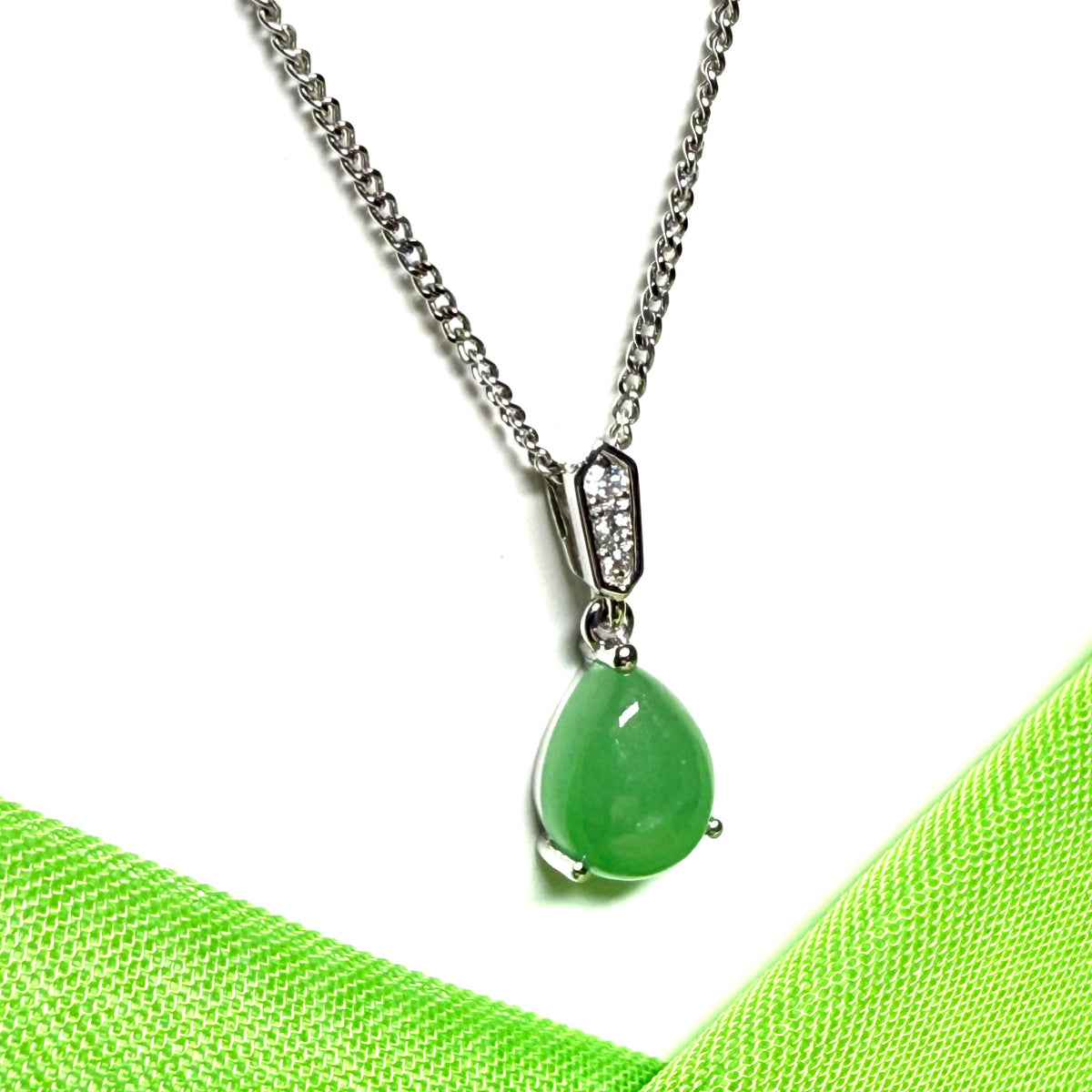 Real green pear teardrop jade and diamond white gold necklace