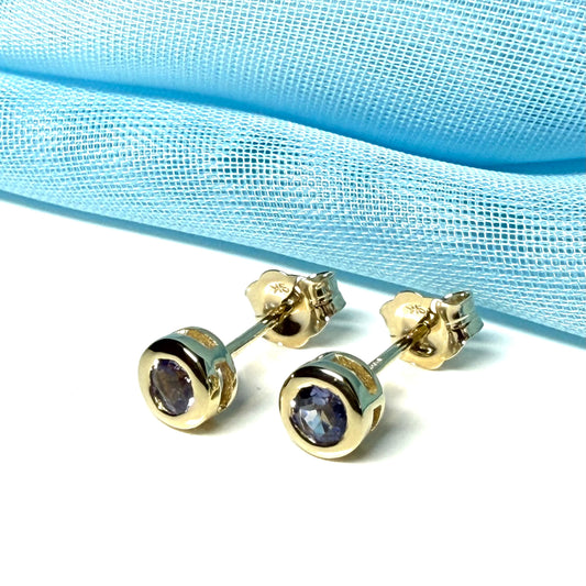 Real Tanzanite Stud Earrings Yellow Gold – Round Cut 4.5mm