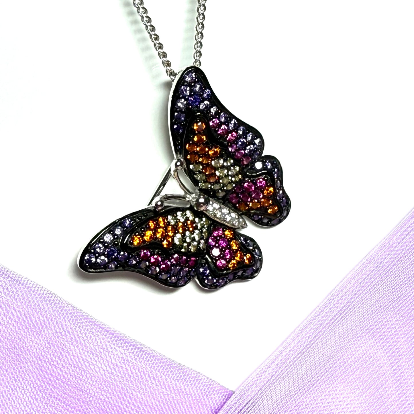 Butterfly necklace set with purple and multicoloured cubic zirconia stones