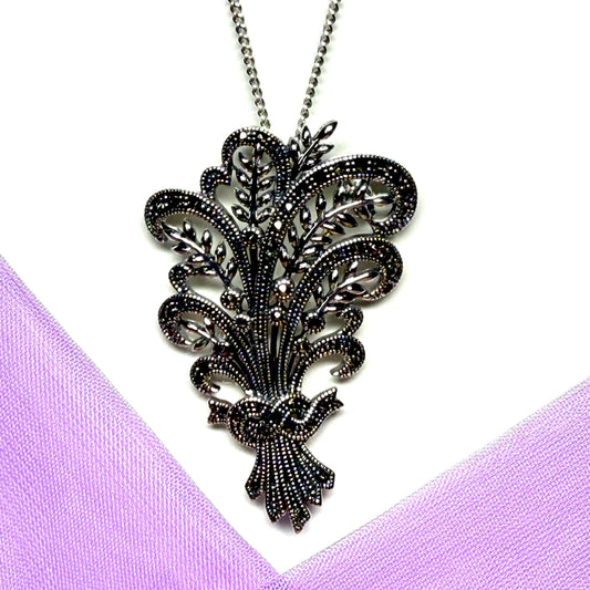 Flower shaped necklace solid sterling silver real marcasite stones