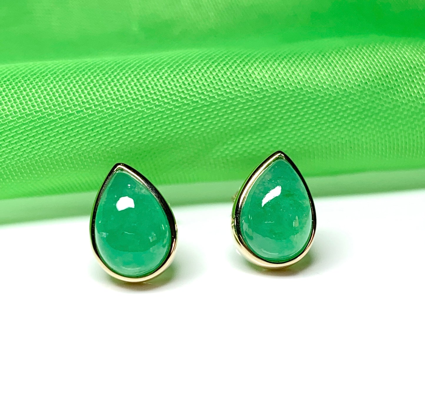 Real jade stud earrings green pear teardrop rubbed over smooth setting yellow gold