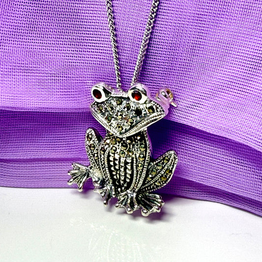 Frog necklace sterling silver marcasite and garnet pendant