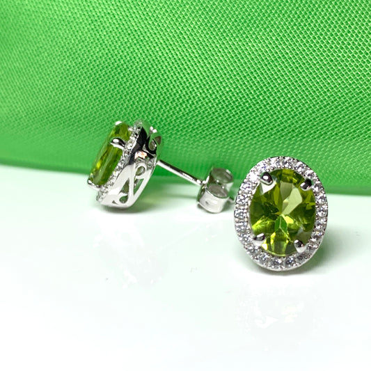 Real peridot and diamond stud earrings oval sterling silver