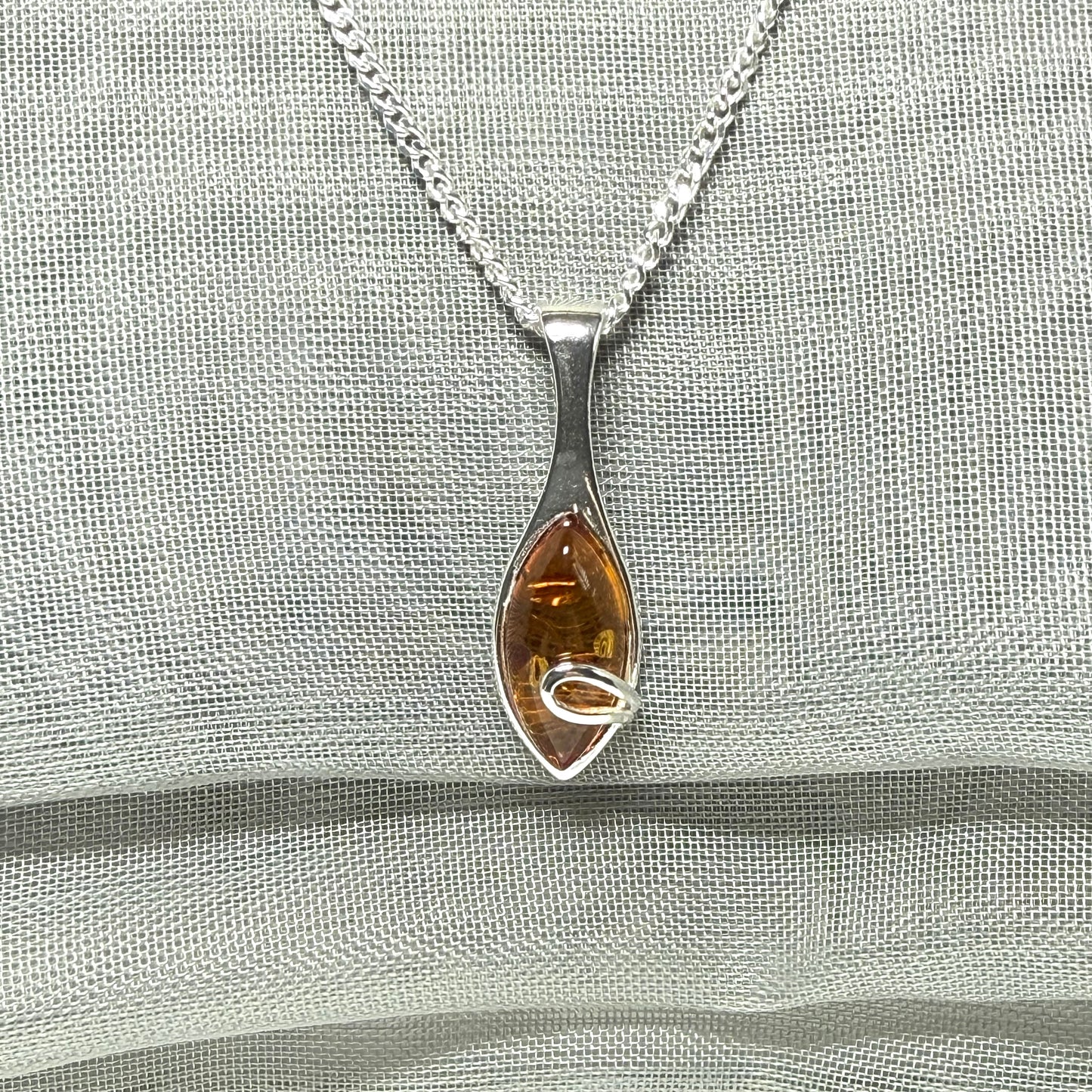 Sterling silver real amber marquise shape necklace swirl pendant