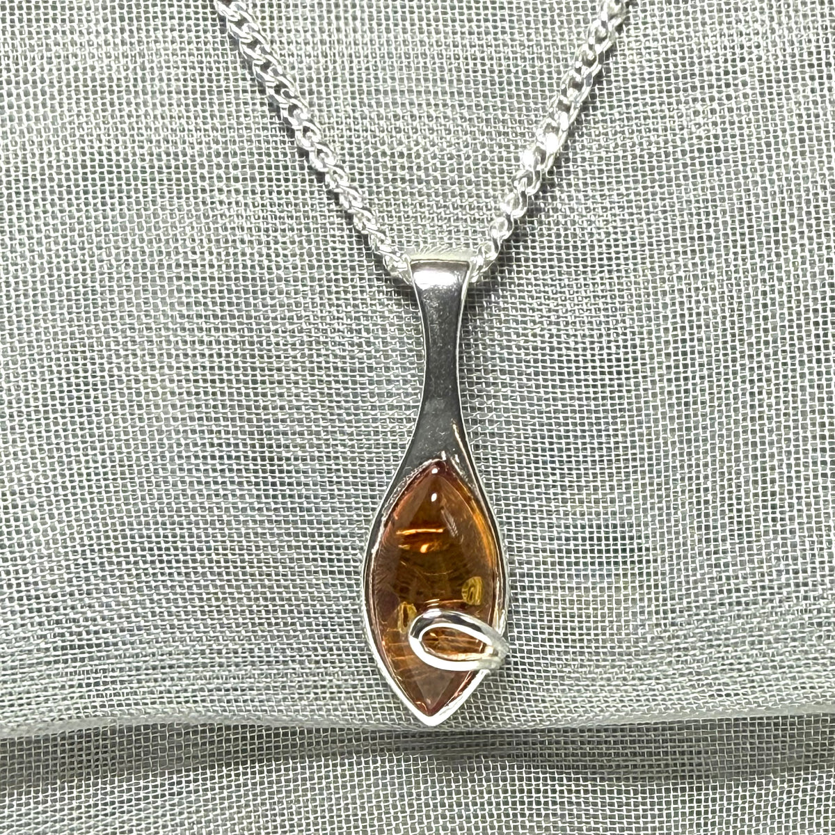 Sterling silver real amber marquise shape necklace swirl pendant