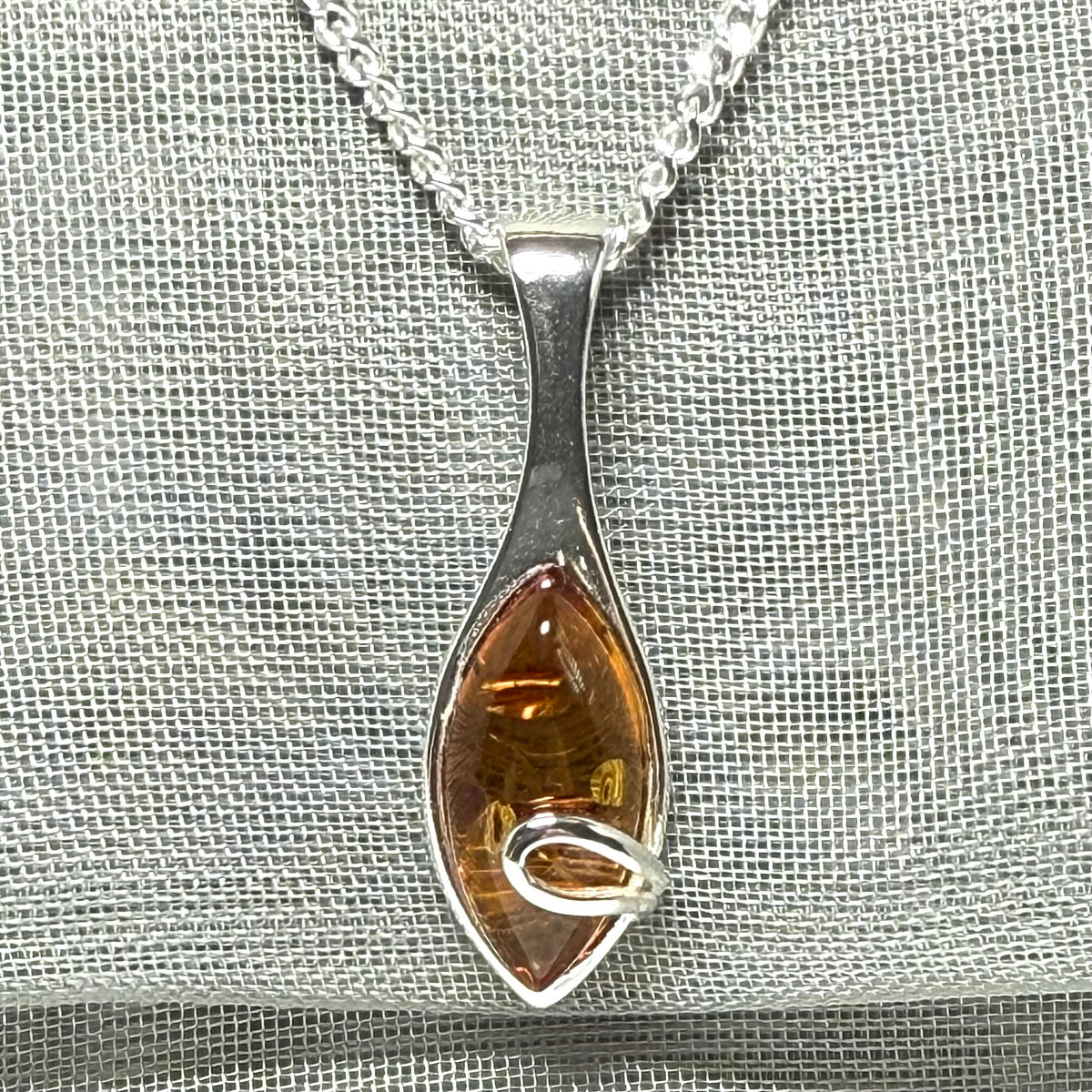 Sterling silver real amber marquise shape necklace swirl pendant