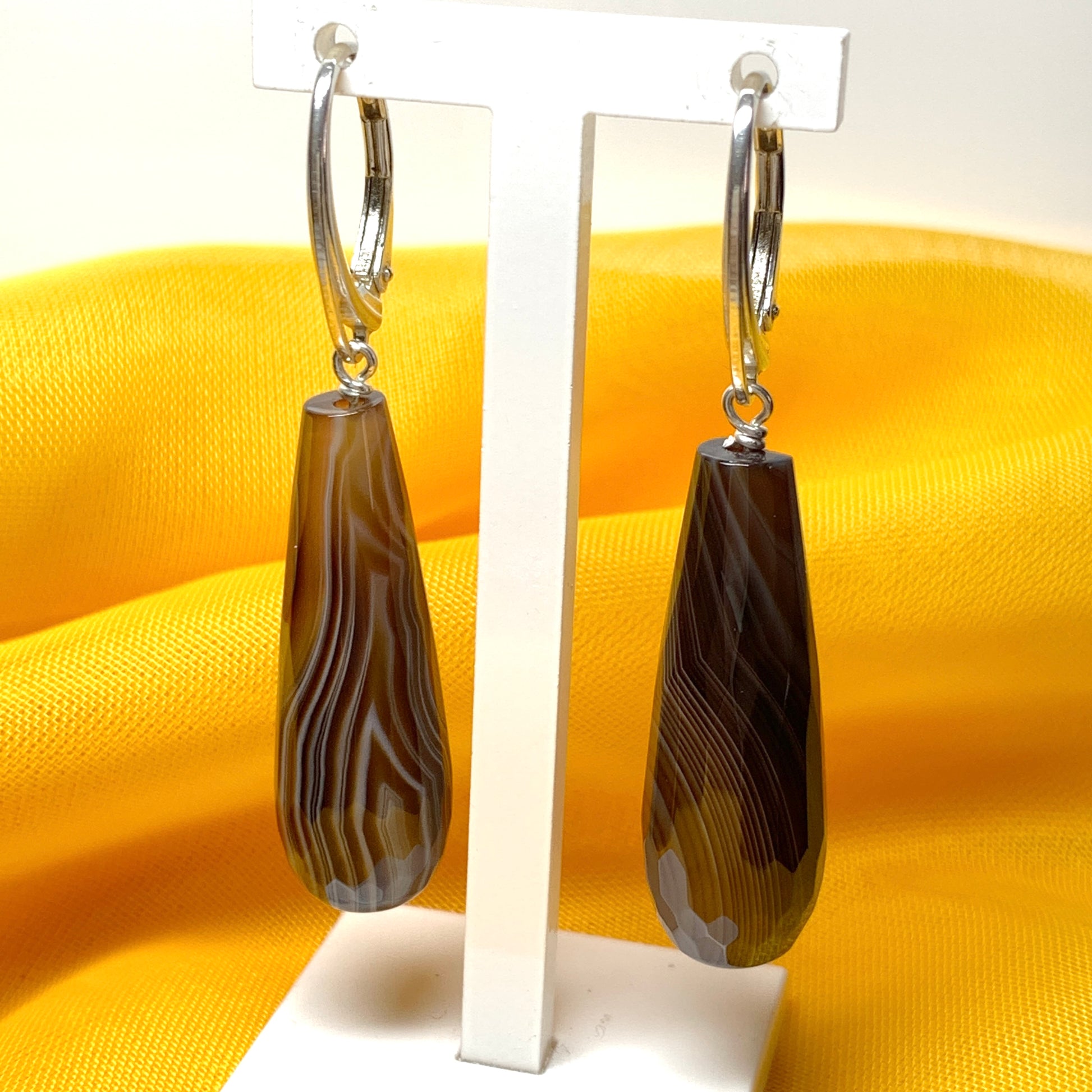 Brown agate teardrop shaped long drop earrings continental fittings