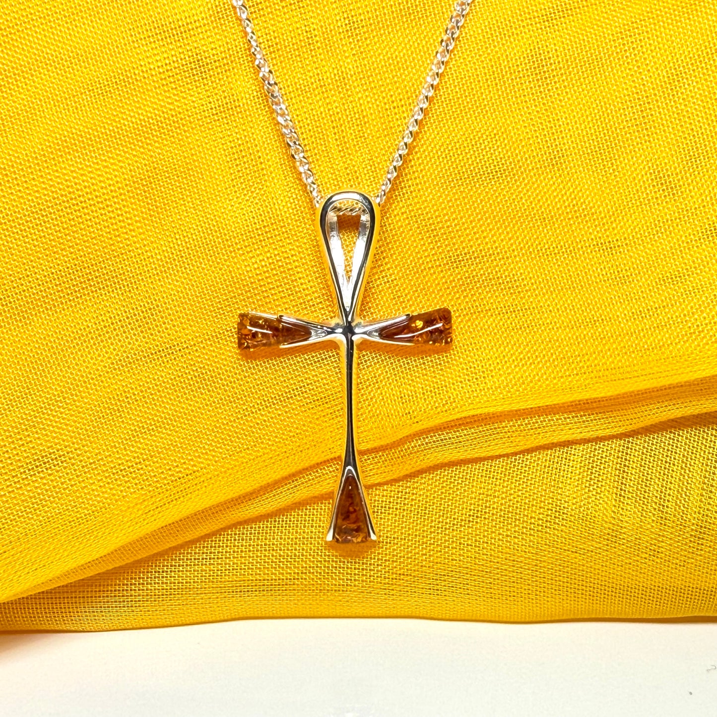 Real amber ankh cross necklace sterling silver pendant