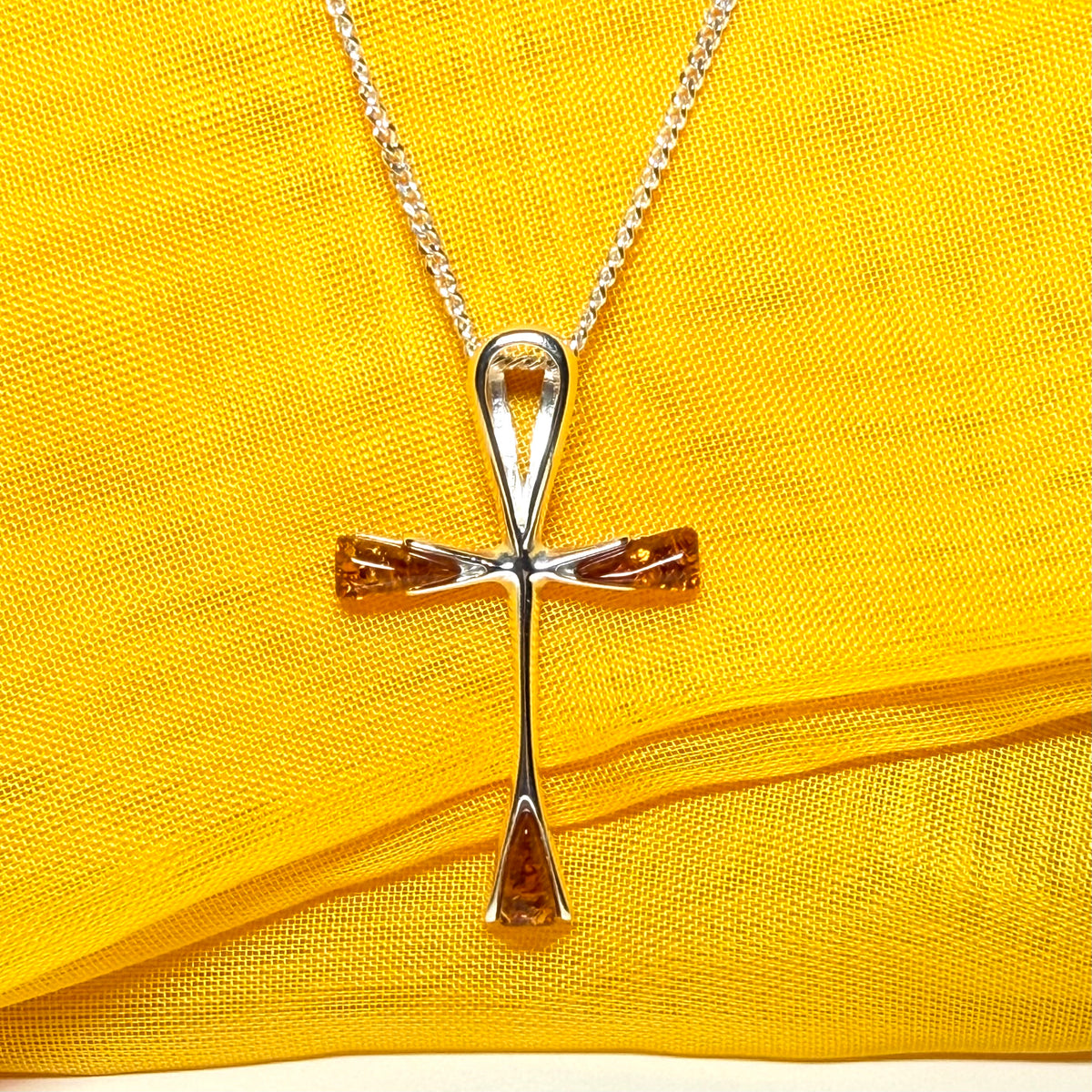 Real amber ankh cross necklace sterling silver pendant