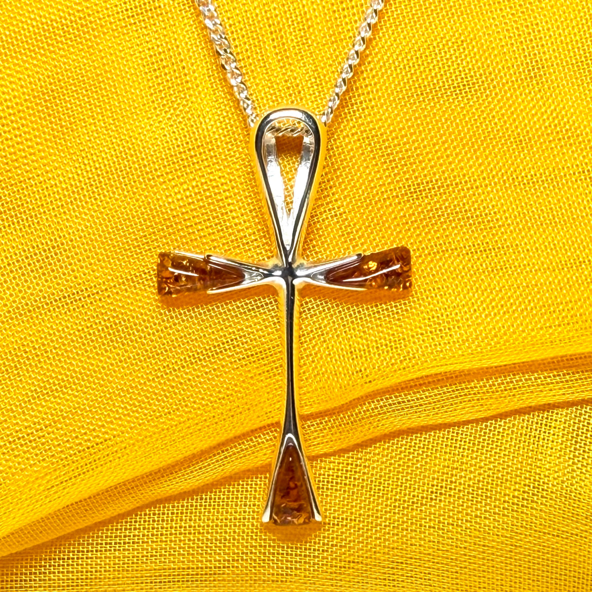 Real amber ankh cross necklace sterling silver pendant