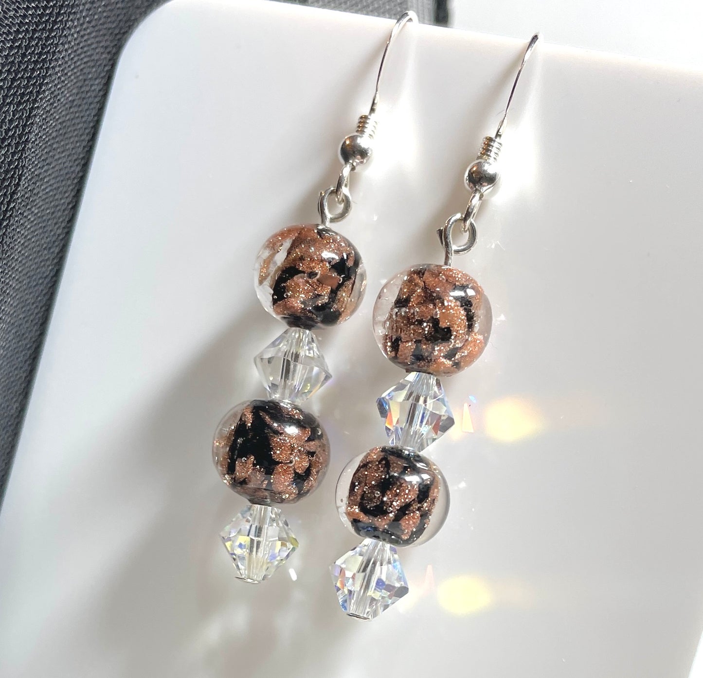 Shimmering black real Murano glass drop earrings with clear crystals