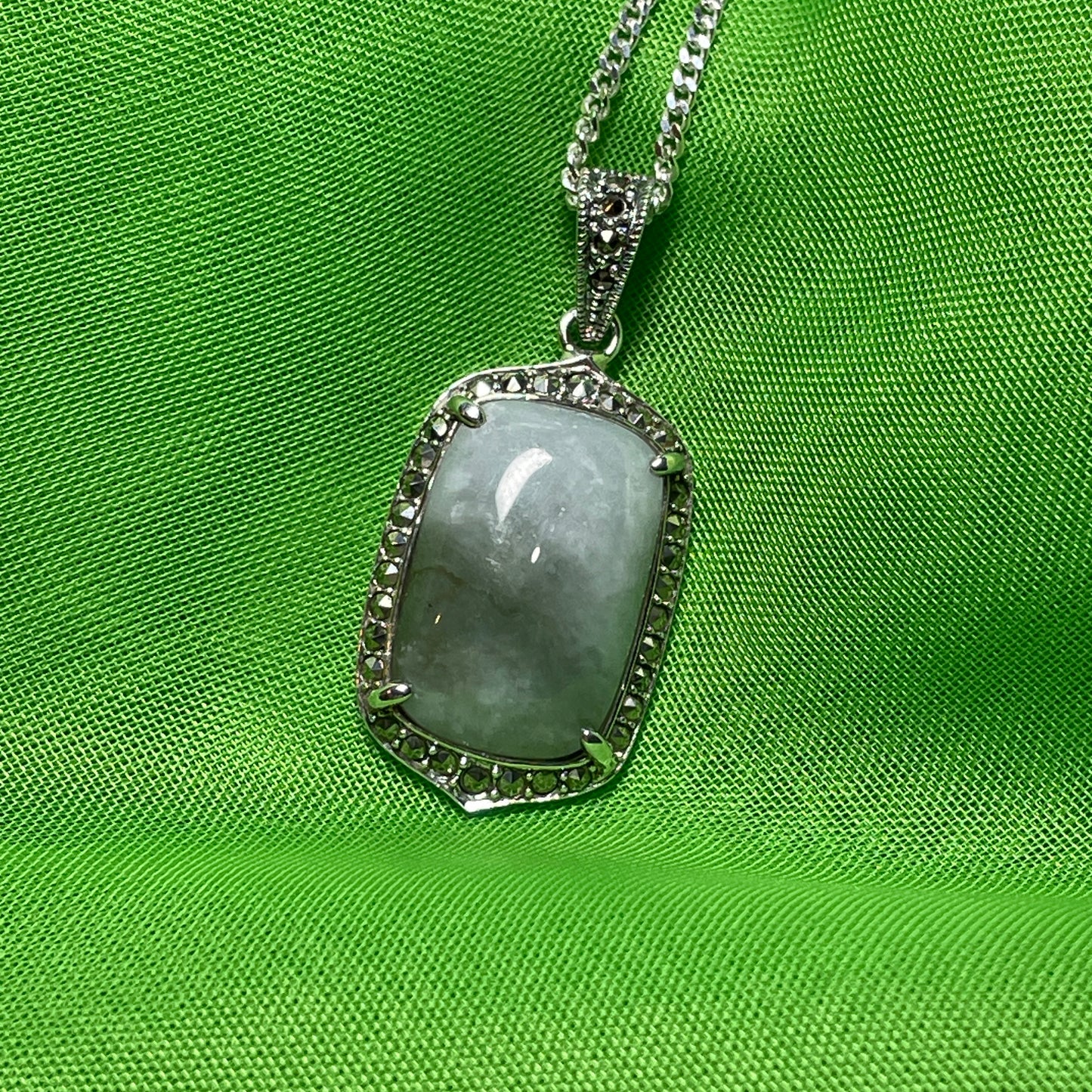 Long cushion shaped light green jade and marcasite silver necklace pendant