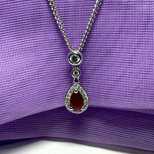 Real red ruby and cubic zirconia sterling silver necklace pear or teardrop shaped pendant