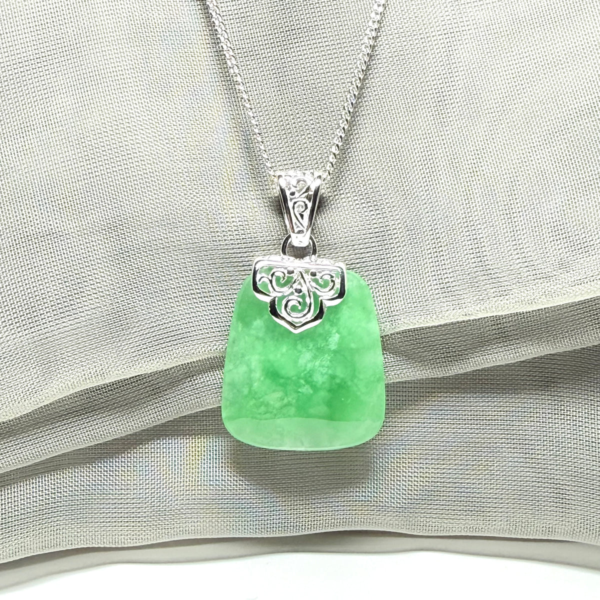 Real jade necklace green sterling silver large cushion shape, a truly gorgeous pendant