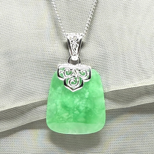 Real jade necklace green sterling silver large cushion shape, a truly gorgeous pendant