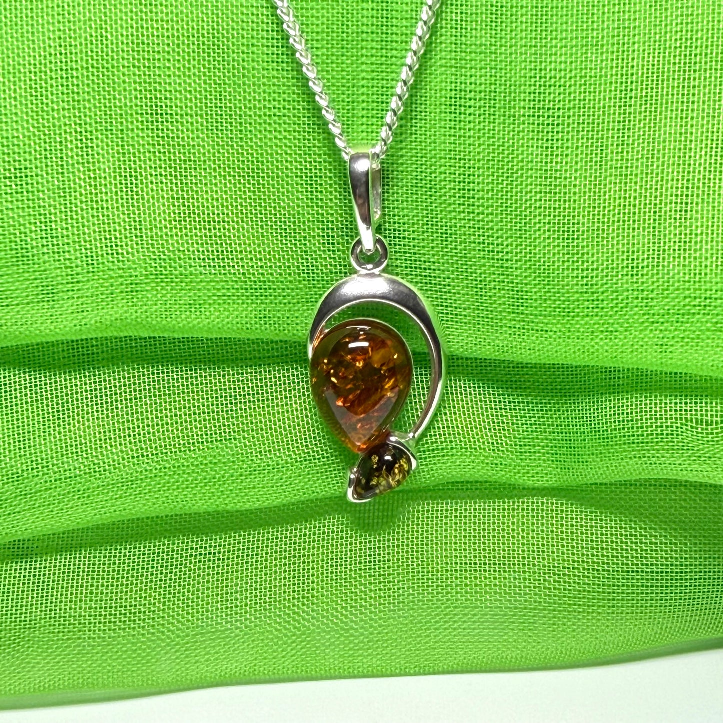 Sterling silver real amber double pear necklace open teardrop shaped pendant
