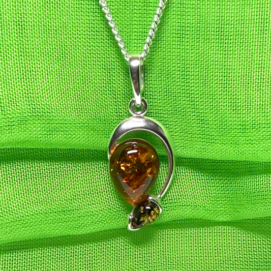 Sterling silver real amber double pear necklace open teardrop shaped pendant