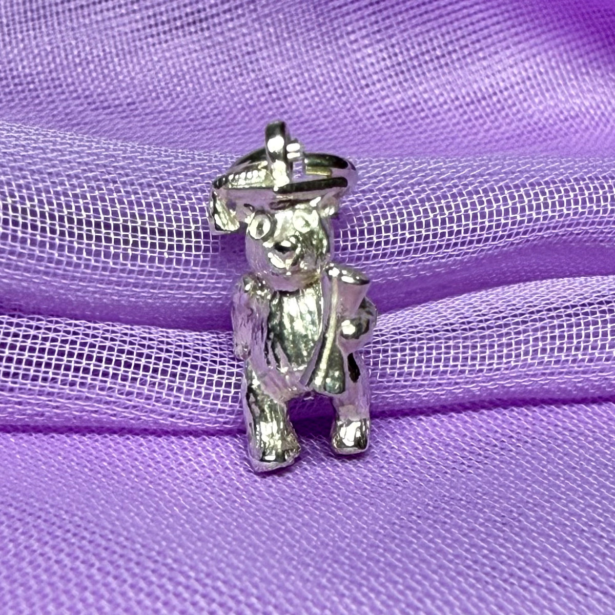 Graduation Bear Wearing Mortar Board Sterling Silver Charm