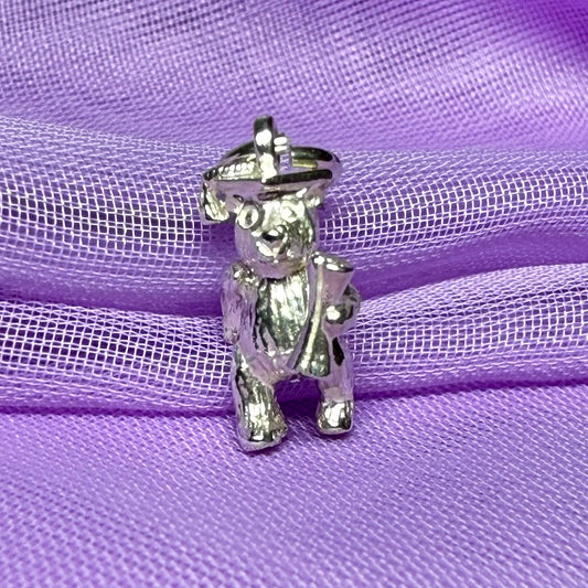 Graduation Bear Wearing Mortar Board Sterling Silver Charm