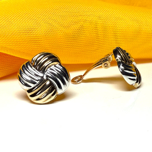 Two tone yellow and white gold rounded fancy swirl clip on earrings