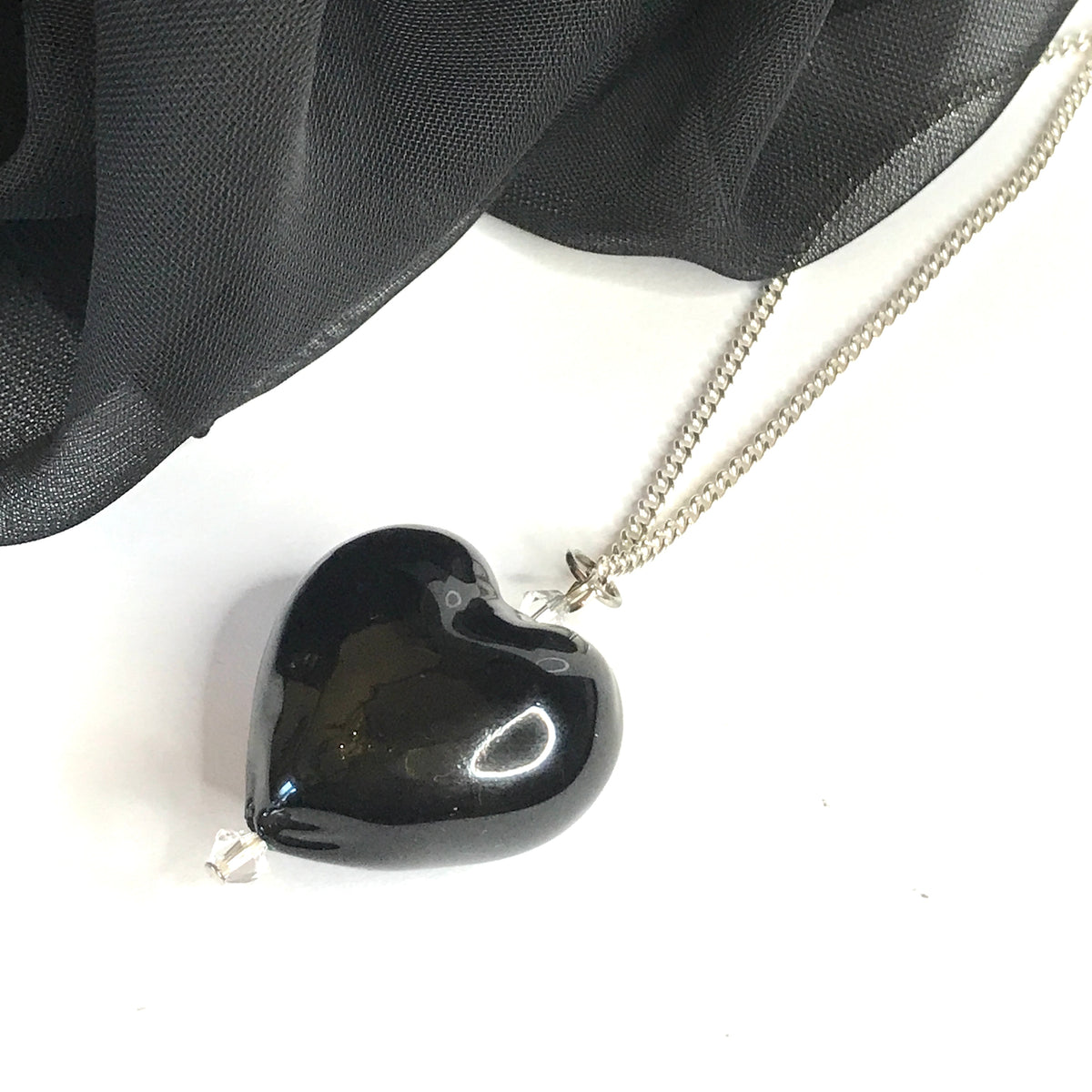 Necklace real Murano glass black heart drop pendant sterling silver chain