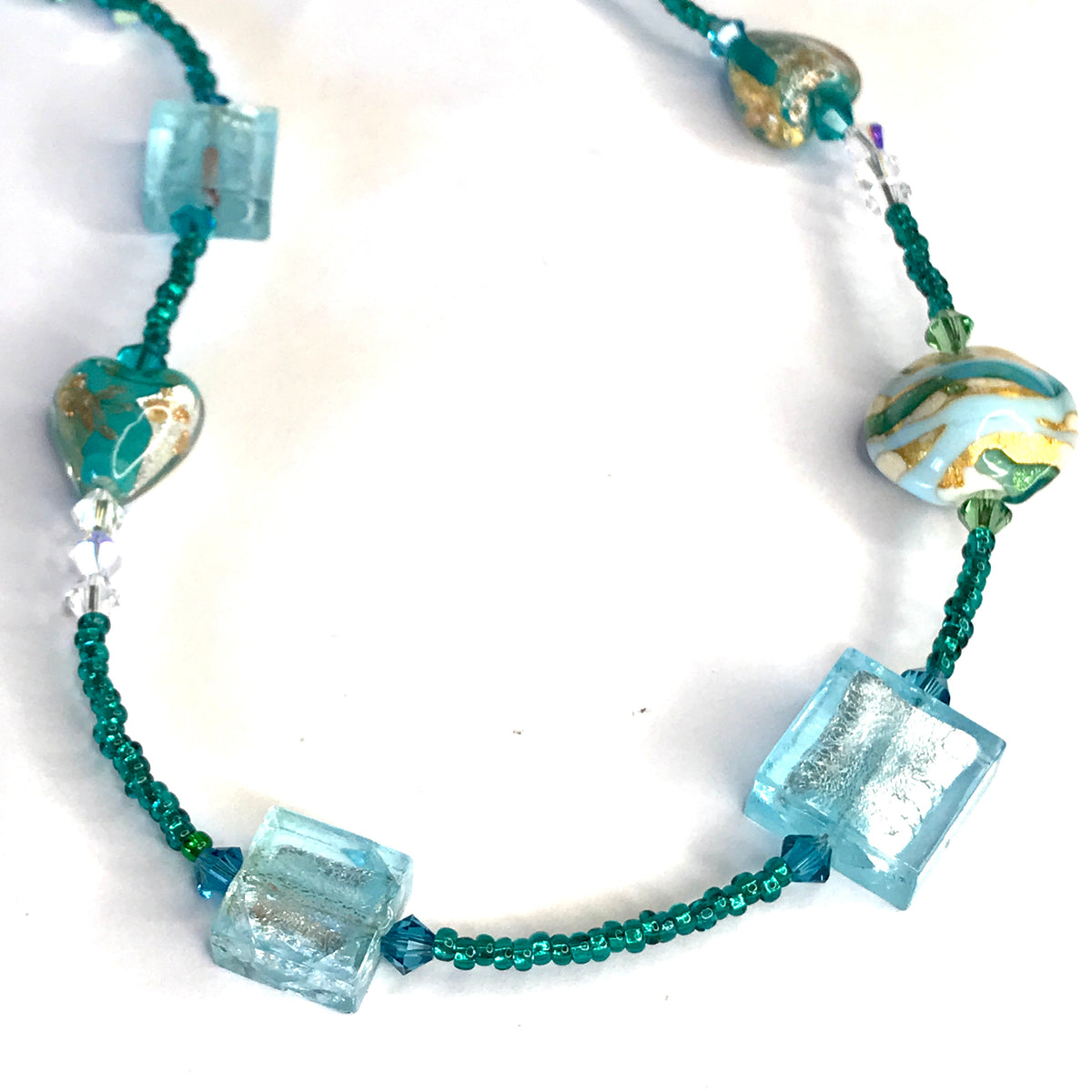 Beautiful green, blue, golden, white beaded real Murano glass necklace with crystals