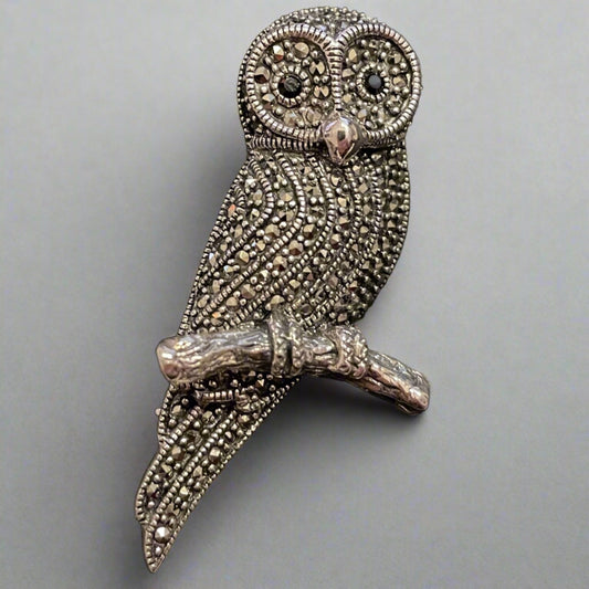 Sitting owl brooch marcasite sterling silver onyx eyes