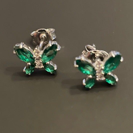 Butterfly shaped green cubic zirconia sterling silver stud earrings
