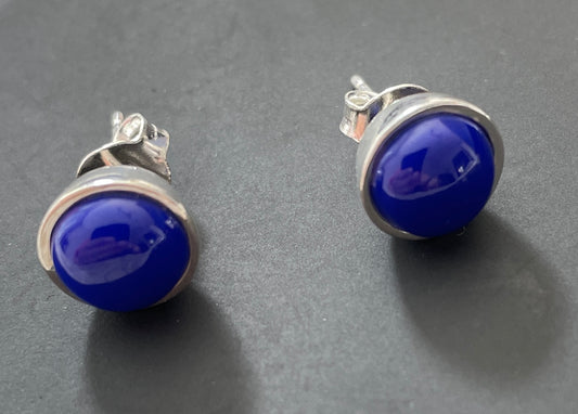 Sterling silver real lapis lazuli blue round stud earrings
