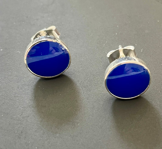 Sterling silver blue enamelled round stud earrings