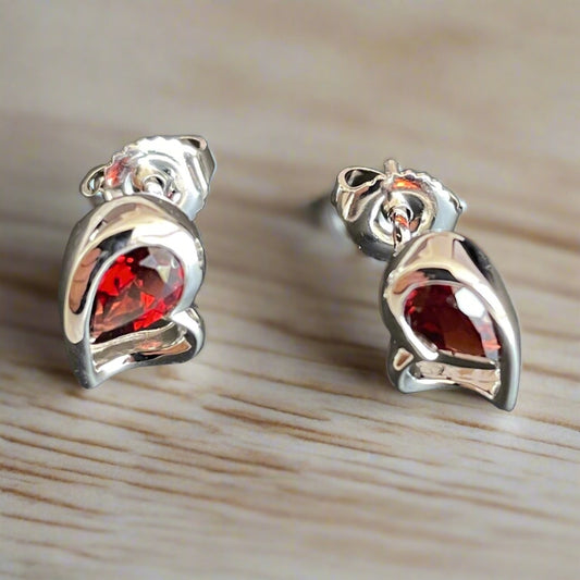 Real red garnet heart shaped stud earrings sterling silver