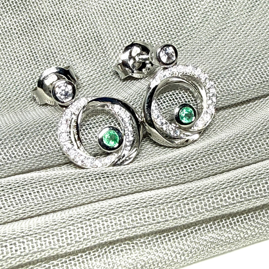Real green emerald and cubic zirconia round swirl stud earrings