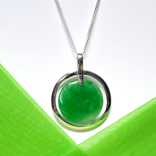 Large necklace sterling silver round shaped green real jade halo styled pendant curb, a chain included with it