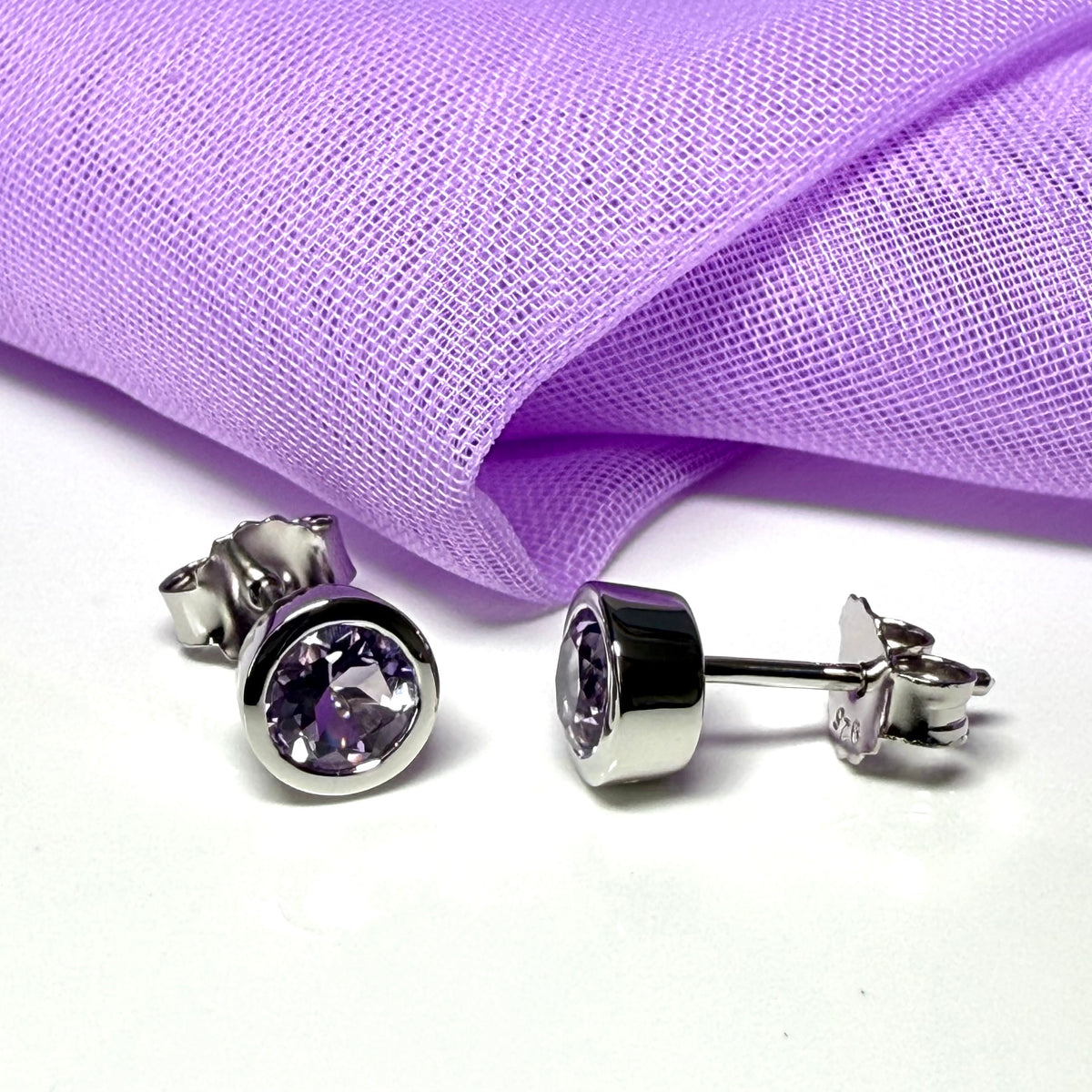 Real purple round amethyst stud earrings smooth rubbed over edges