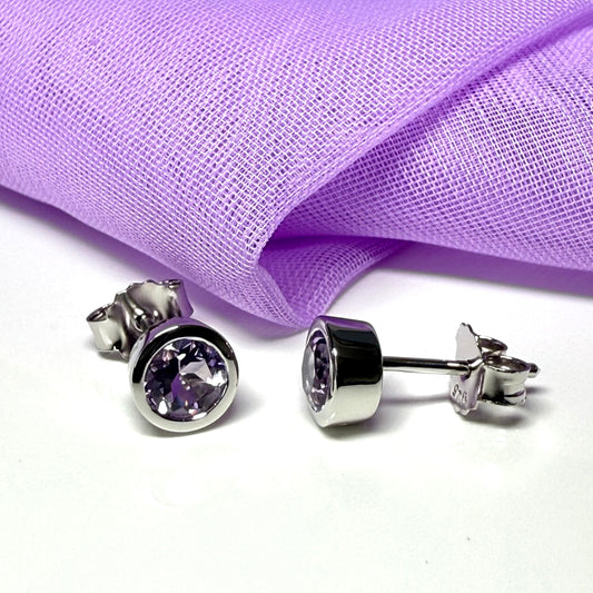 Real purple round amethyst stud earrings smooth rubbed over edges