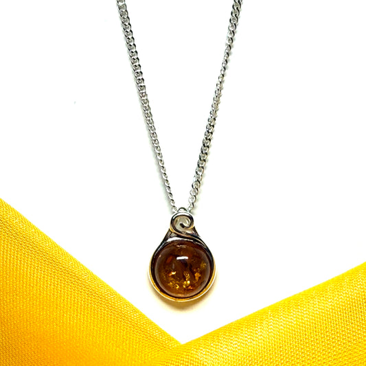 Necklace real amber round smooth rubbed over sterling silver
