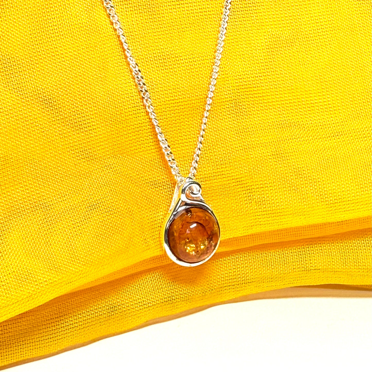 Necklace real amber round smooth rubbed over sterling silver