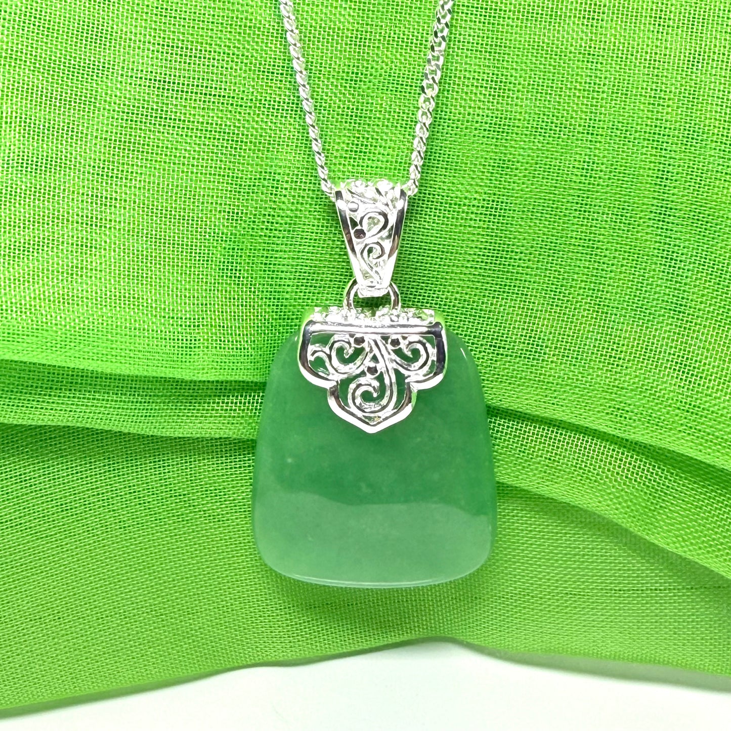 Real jade necklace light green sterling silver large cushion shaped, a really gorgeous and stunning pendant