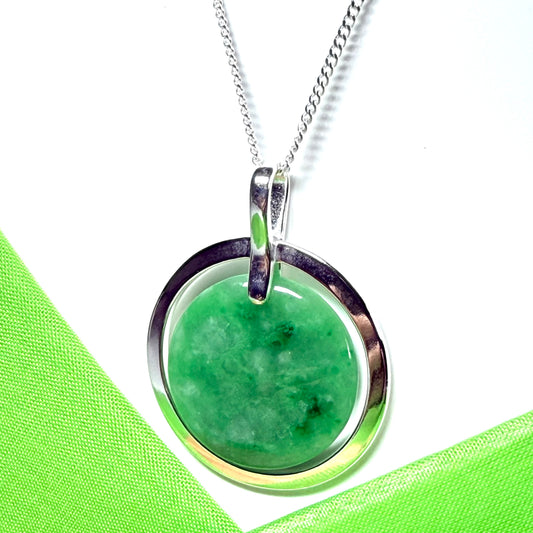 Large round halo necklace sterling silver circle shaped green real jade styled pendant, a timeless design to it