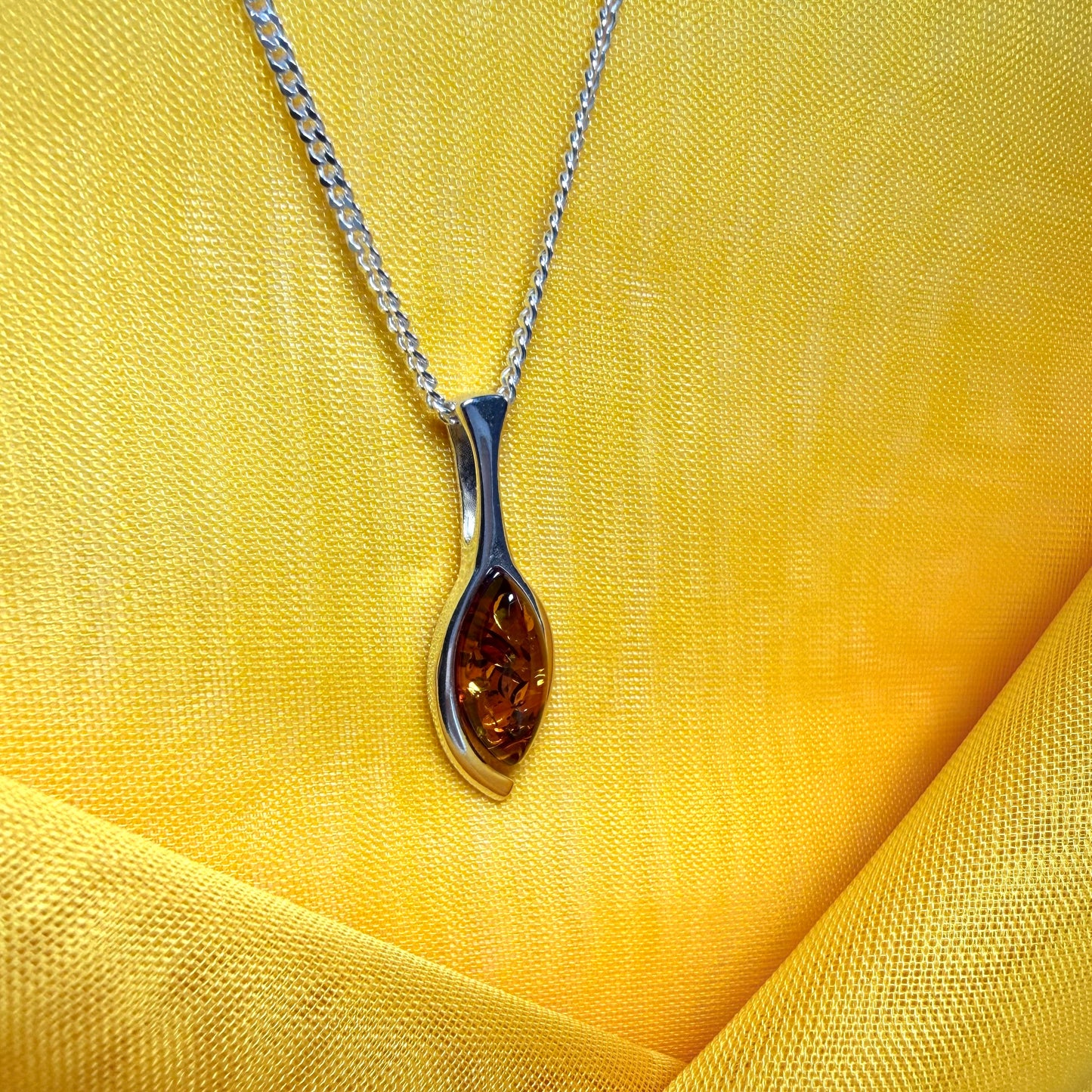 Sterling silver real amber pear shaped necklace open teardrop shaped pendant with chain