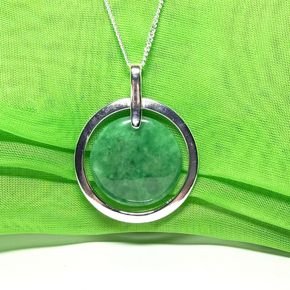 Large silver round shaped dark green real jade circle necklace