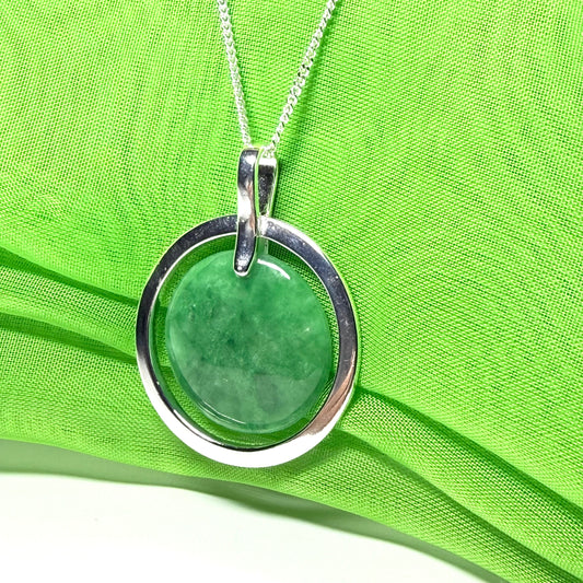 Large silver round shaped dark green real jade circle necklace