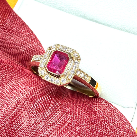 Octagonal red real ruby and real diamond yellow gold cluster ring