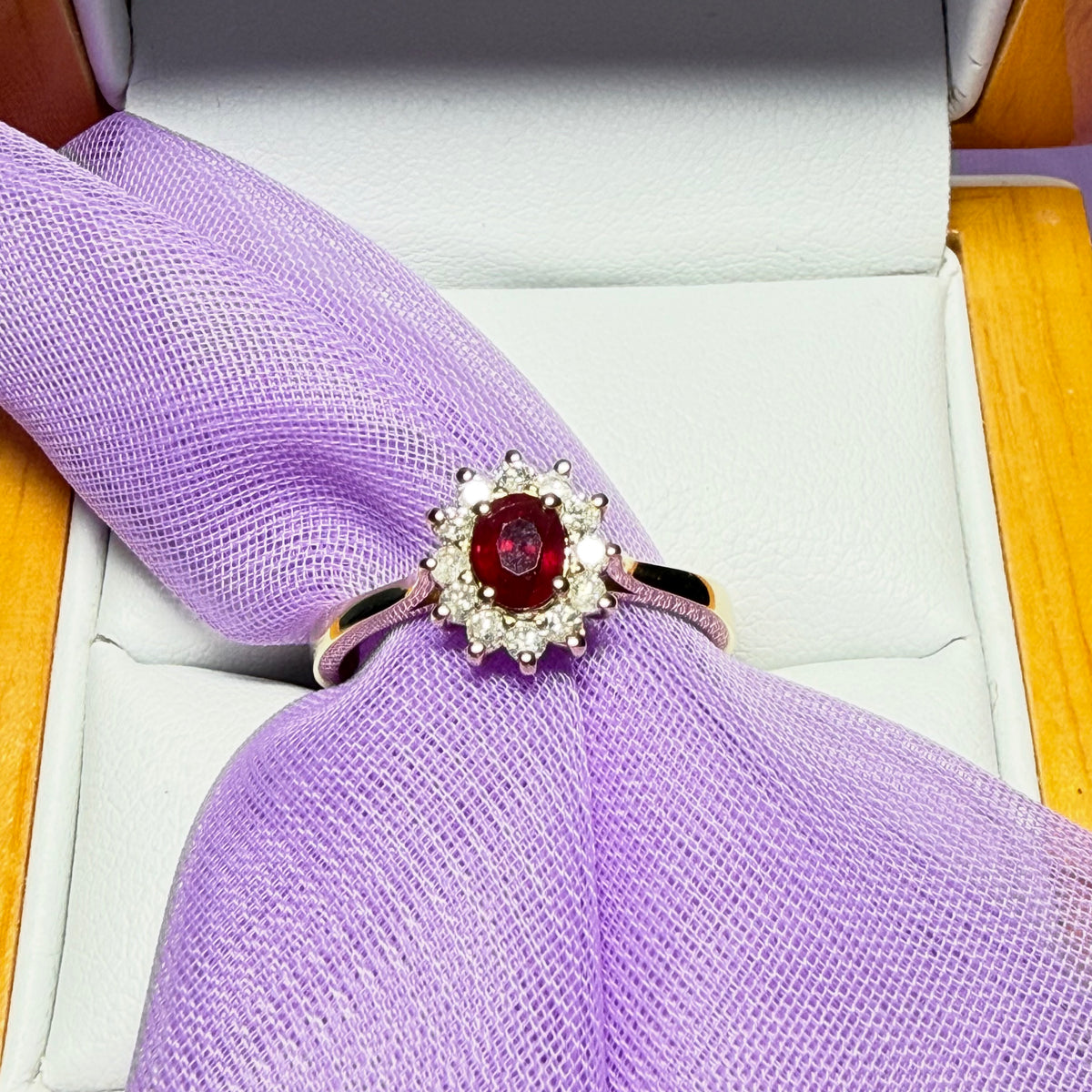 Oval Red Ruby And Real Diamond Yellow Gold Cluster Ring