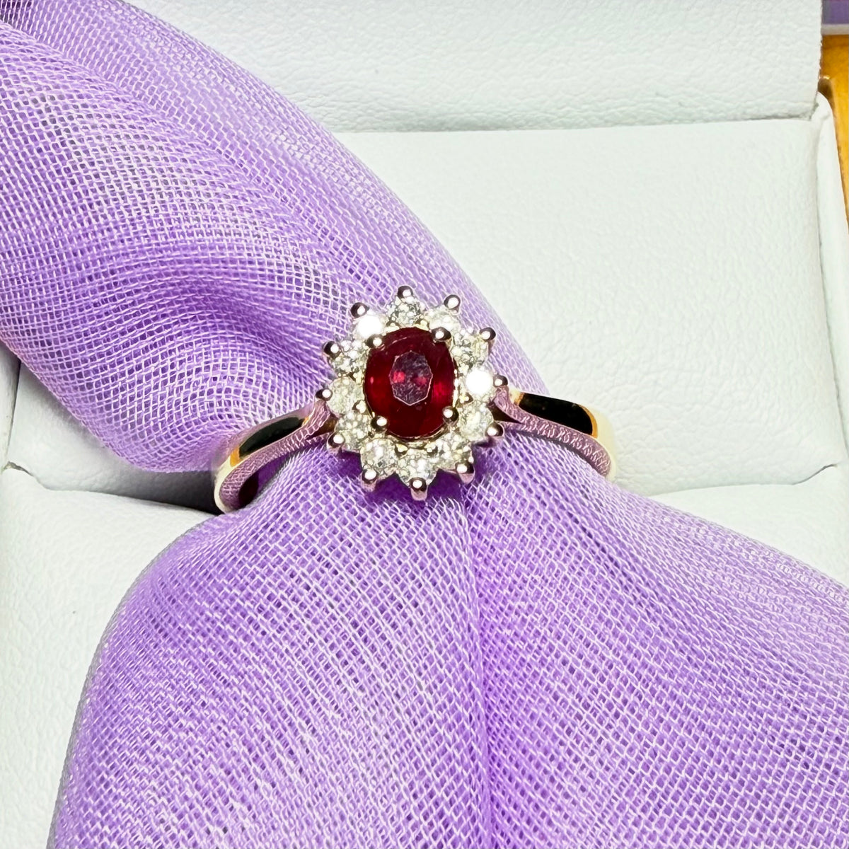 Oval Red Ruby And Real Diamond Yellow Gold Cluster Ring