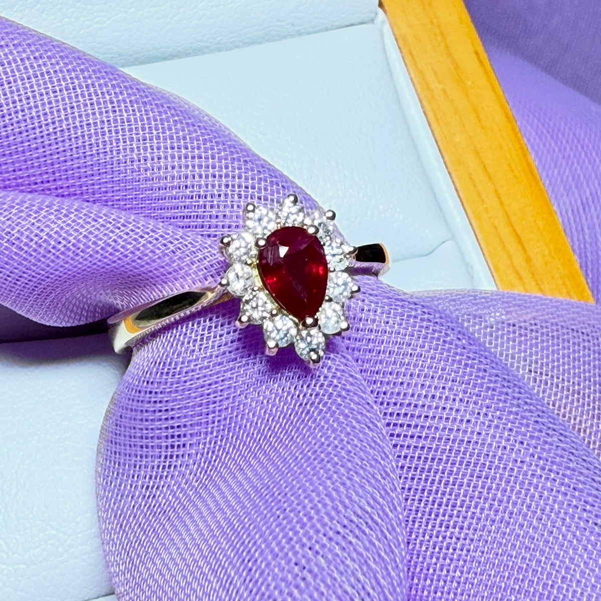 Real ruby and real diamond pear teardrop shaped cluster ring yellow gold