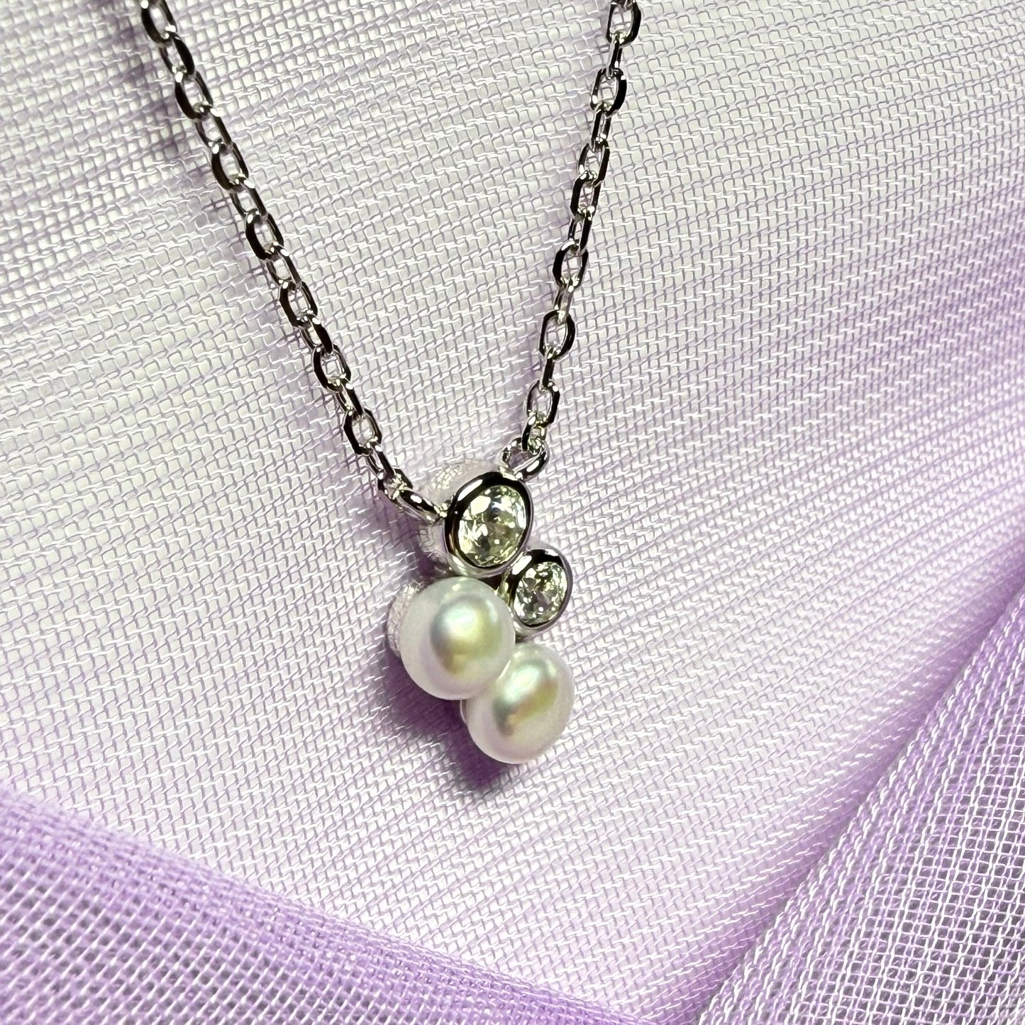 Necklace double real freshwater cultured pearl and cubic zirconia sterling silver pendant